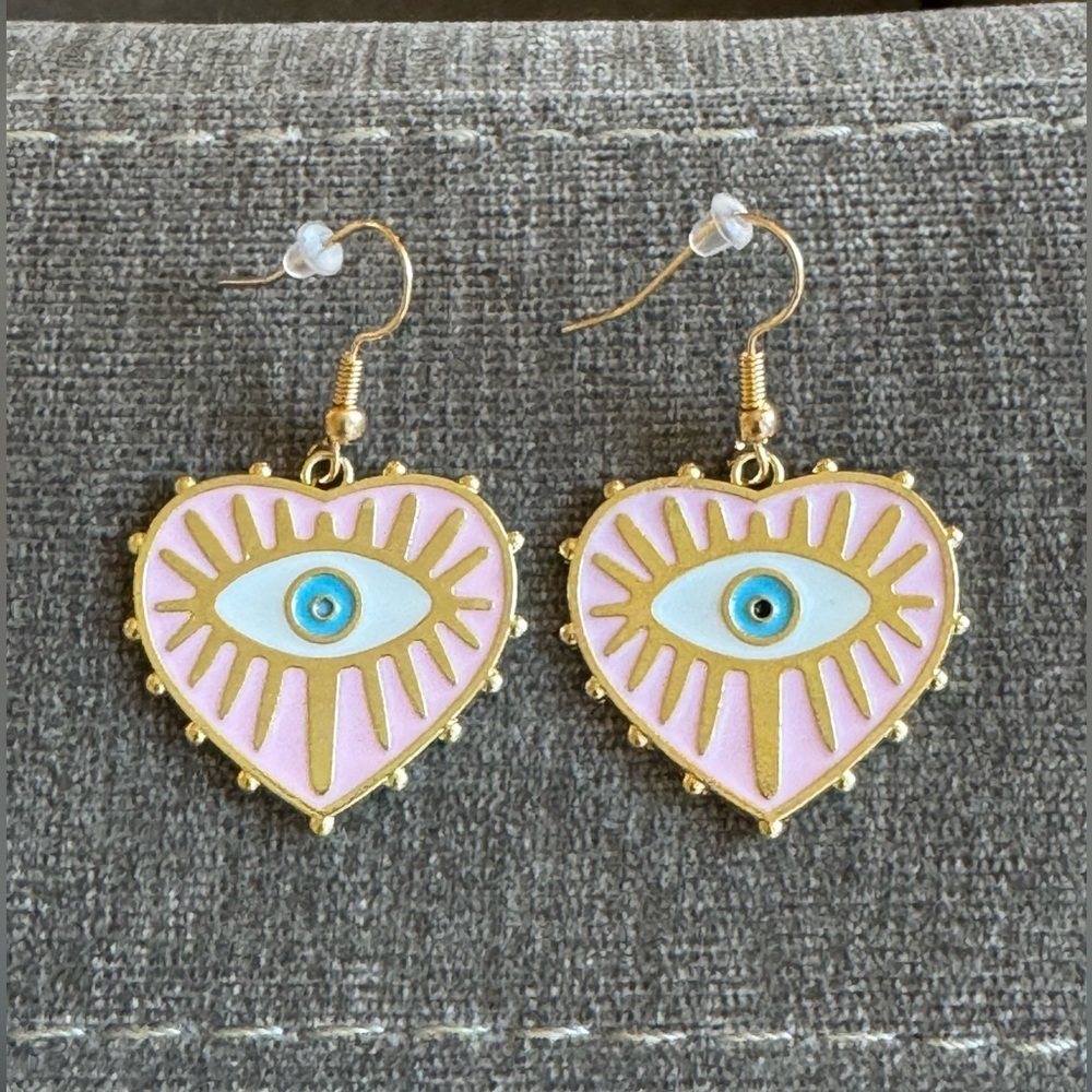 Evil Eye Drop Dangle Earrings Pink White and Gold New Lightweight